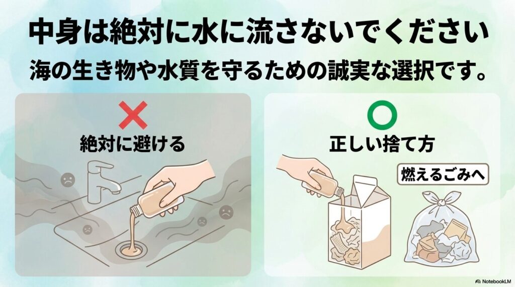 ファンデーションの中身を水に流さず、紙に吸わせて燃えるごみとして出す正しい方法を解説しています。