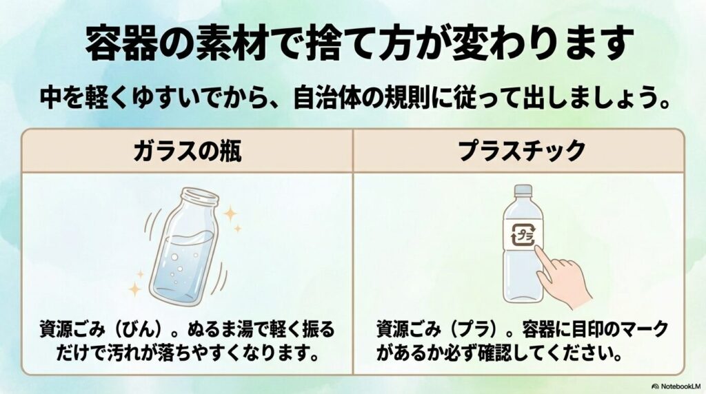 ガラス瓶とプラスチック容器、それぞれの素材に応じた分別方法と洗浄のコツを説明しています。