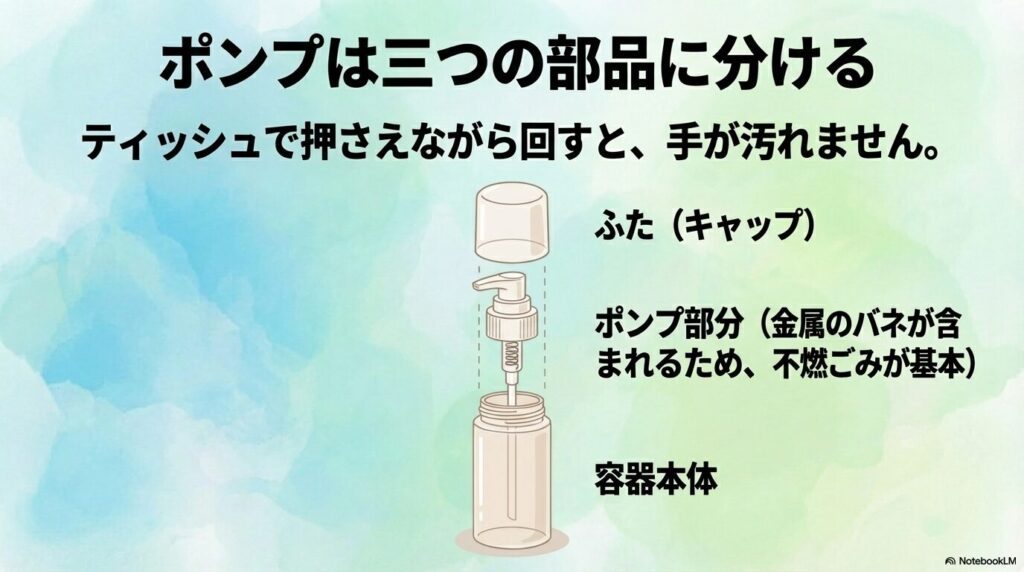 ポンプ付き容器を「ふた」「ポンプ」「本体」の3つに分解して分別する方法を解説しています。