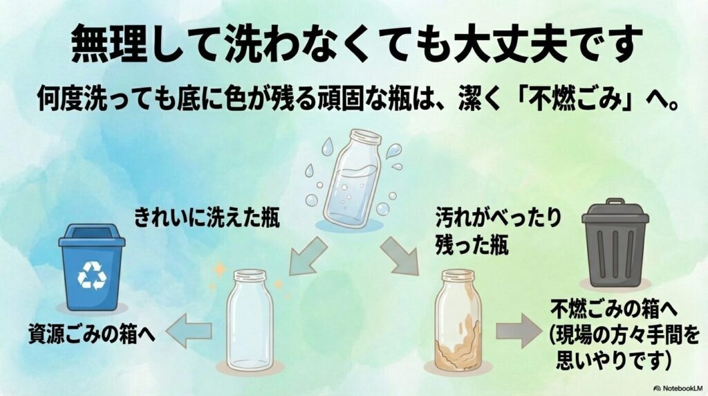 汚れが落ちない瓶は無理に洗わず、不燃ごみとして出すようアドバイスしています。