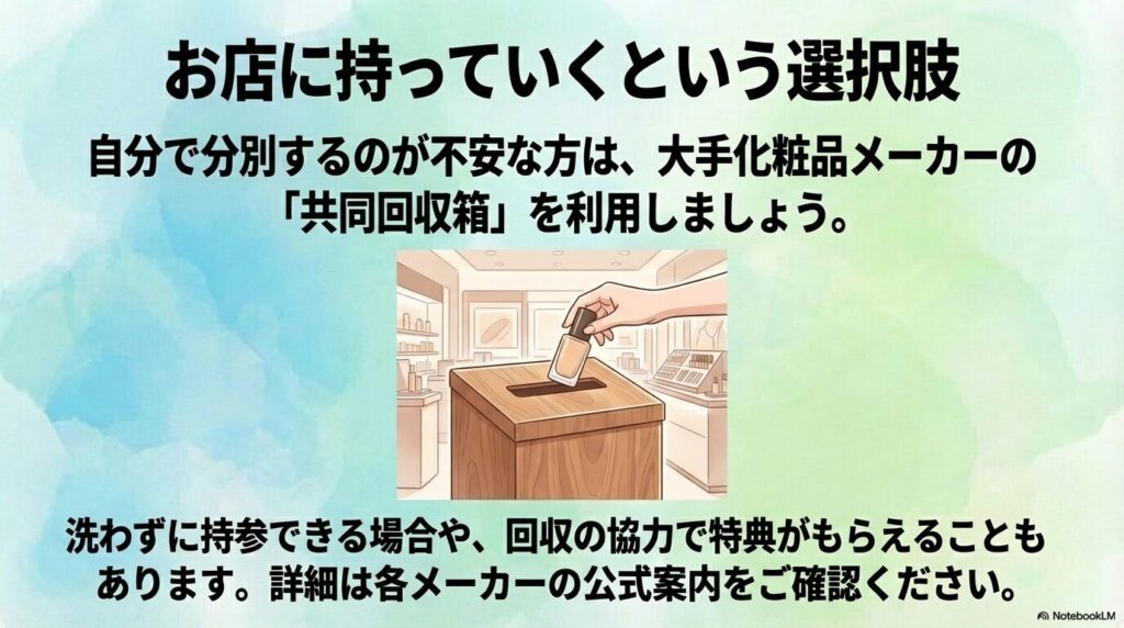 自分で分別するのが難しい場合、化粧品メーカーの店頭回収ボックスを利用する方法を紹介しています。