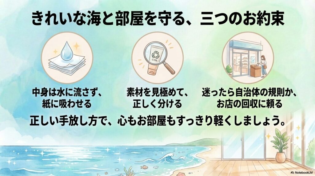 リキッドファンデーションを捨てる際の3つのポイントをまとめ、環境と部屋をきれいに保つよう促しています。