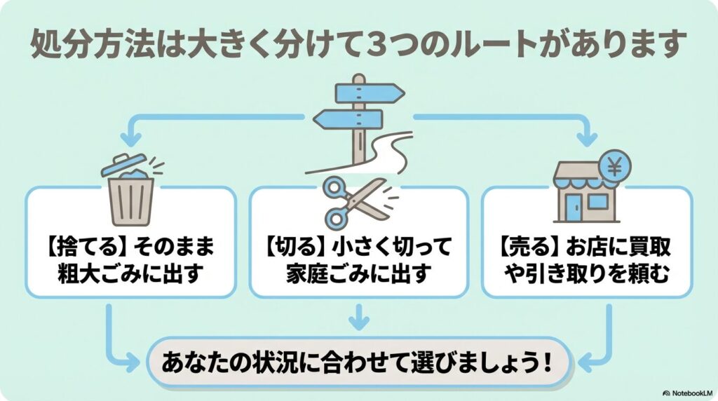 フロアマットの処分方法を、粗大ごみとして捨てる、小さく切る、お店で売るという3つのルートに分けて紹介しています。