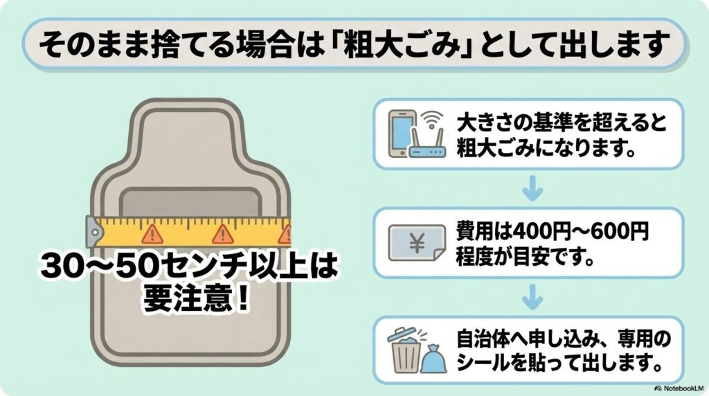 フロアマットをそのまま捨てる場合は粗大ごみとなり、サイズ基準や費用の目安、自治体への申し込みが必要であることを説明しています。