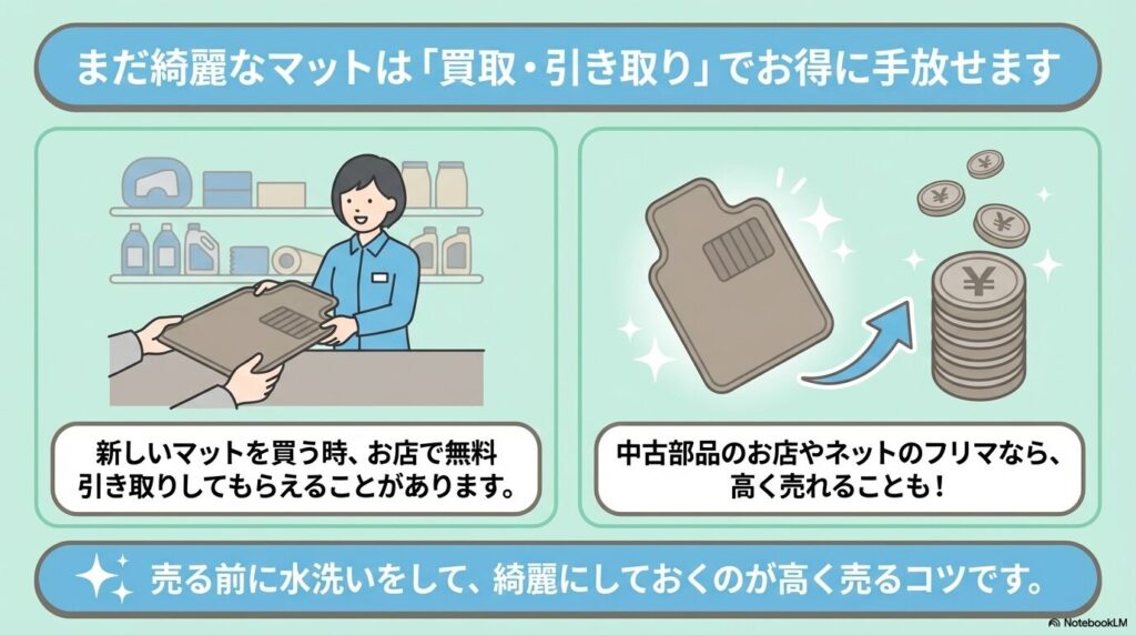 状態が良いフロアマットは、店舗での無料引き取りや中古ショップ、フリマアプリでの売却が可能であることを紹介しています。