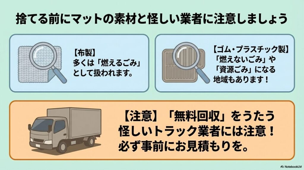 処分前に布製かゴム製かの素材を確認することの重要性と、無料回収をうたう怪しい業者への注意を呼びかけています。
