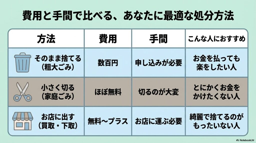 「そのまま捨てる」「小さく切る」「お店に出す」の3つの処分方法を、費用、手間、おすすめの人の観点から比較した表です。