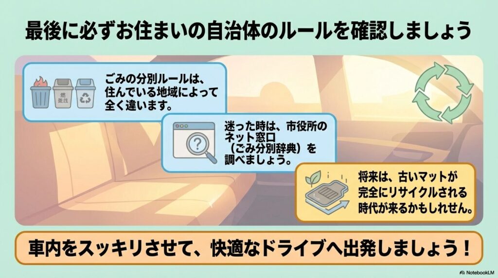 自治体のルール確認の重要性とネットでの調べ方を説明し、車内を綺麗にしてドライブを楽しもうというメッセージで締めくくっています。