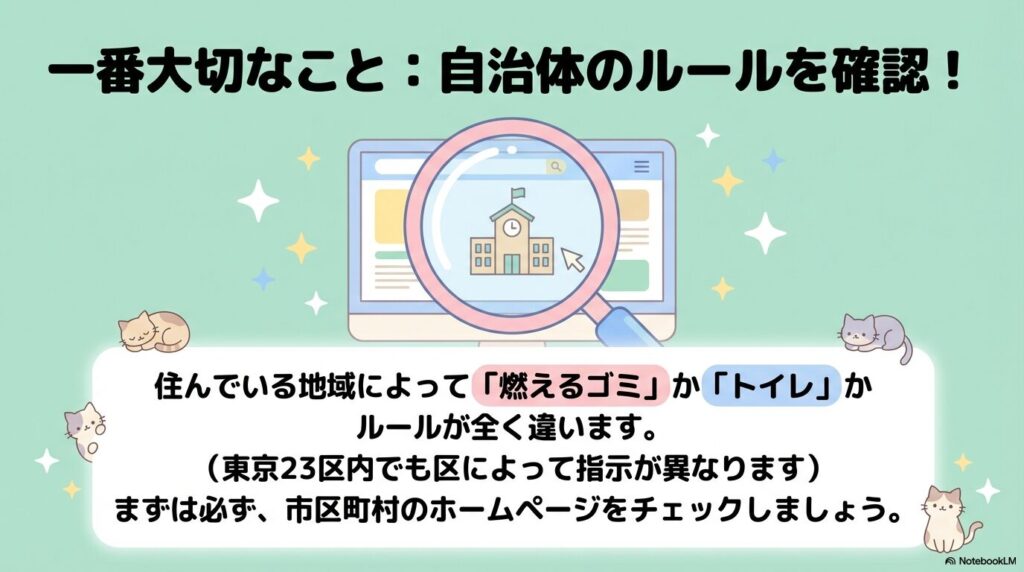 猫のフンの処分は自治体ごとにルールが異なるため、市区町村のホームページで確認することを推奨しています。