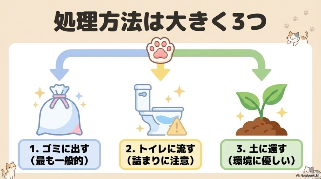 猫のフンの処理方法として、ゴミに出す、トイレに流す、土に還すの3つの主要な方法を紹介しています。