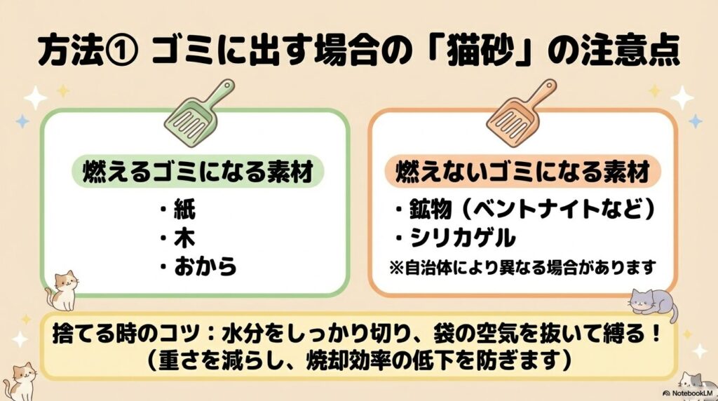 ゴミとして出す場合の猫砂の素材別（燃える・燃えない）の分類と、捨てる時のコツを解説しています。