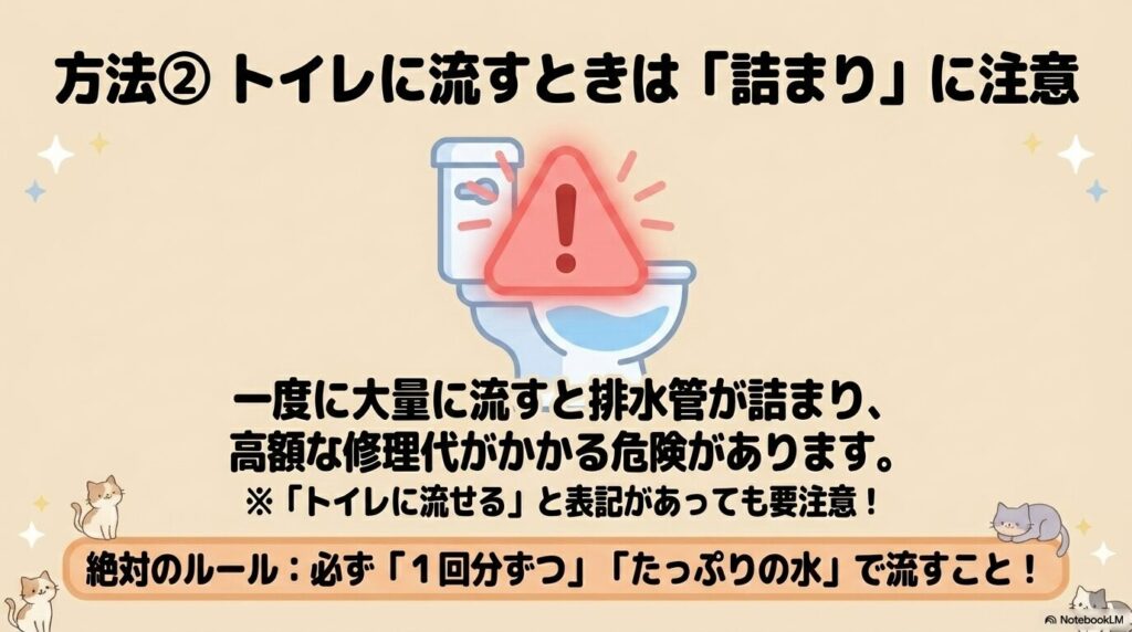 トイレに流す際の注意点として、詰まりを防ぐために1回分ずつたっぷりの水で流すルールを説明しています。