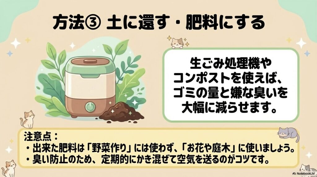 生ごみ処理機やコンポストを利用して土に還す方法と、肥料としての利用時の注意点を紹介しています。