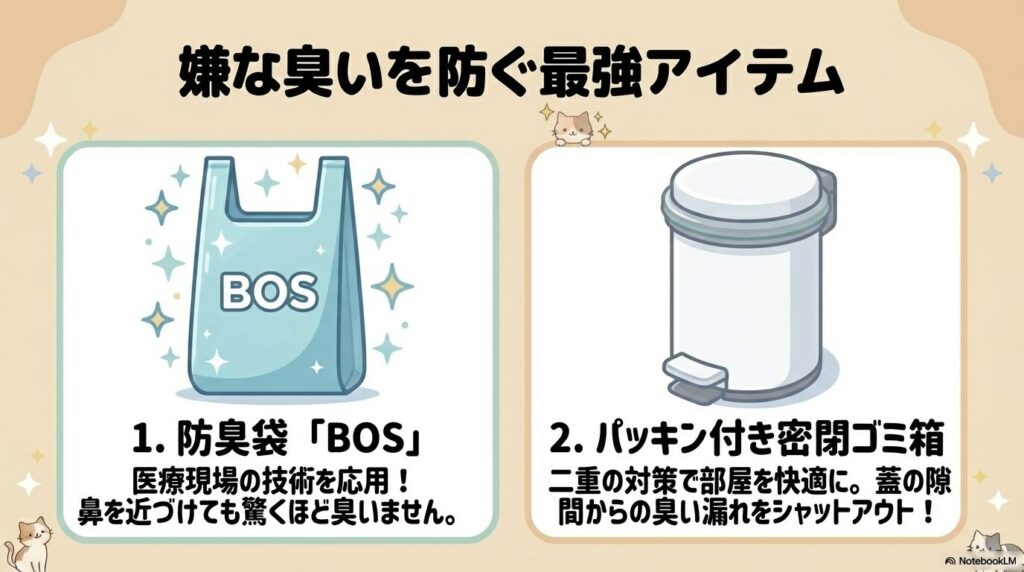 猫のフンの臭い対策として効果的な防臭袋「BOS」とパッキン付き密閉ゴミ箱を紹介しています。