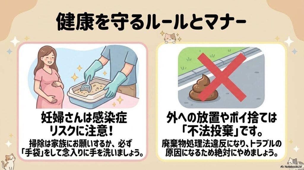 妊婦の感染症リスクへの注意喚起と、外への放置が不法投棄にあたるというマナーについて説明しています。