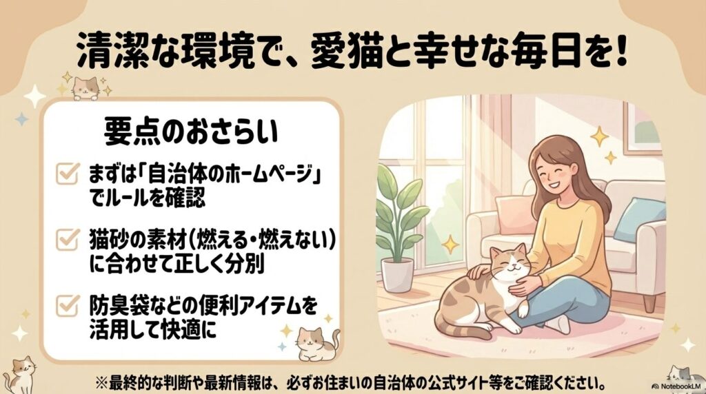 プレゼンのまとめとして、自治体ルールの確認、猫砂の正しい分別、便利アイテムの活用を再確認しています。