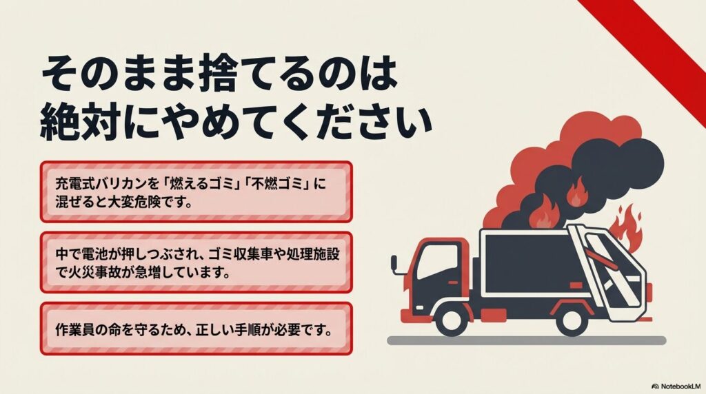 充電式バリカンをそのまま捨てることが危険である理由と、火災を起こしているゴミ収集車のイラスト。