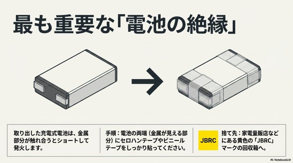 取り出した充電式電池の金属端子部分をテープで絶縁し、JBRC回収箱へ出す手順の解説。