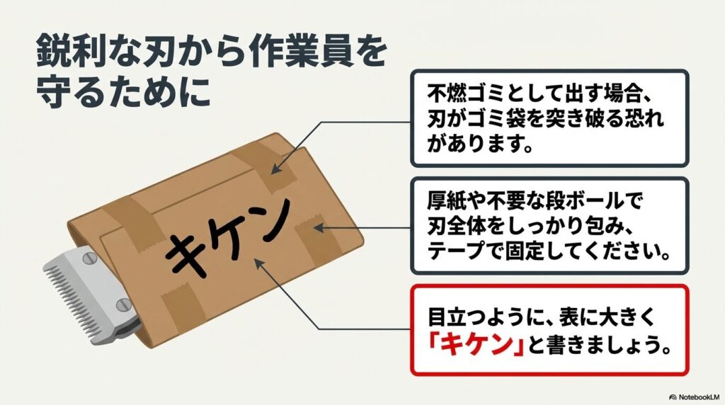 作業員の安全を守るため、バリカンの刃を厚紙で包み「キケン」と大きく表示する方法。