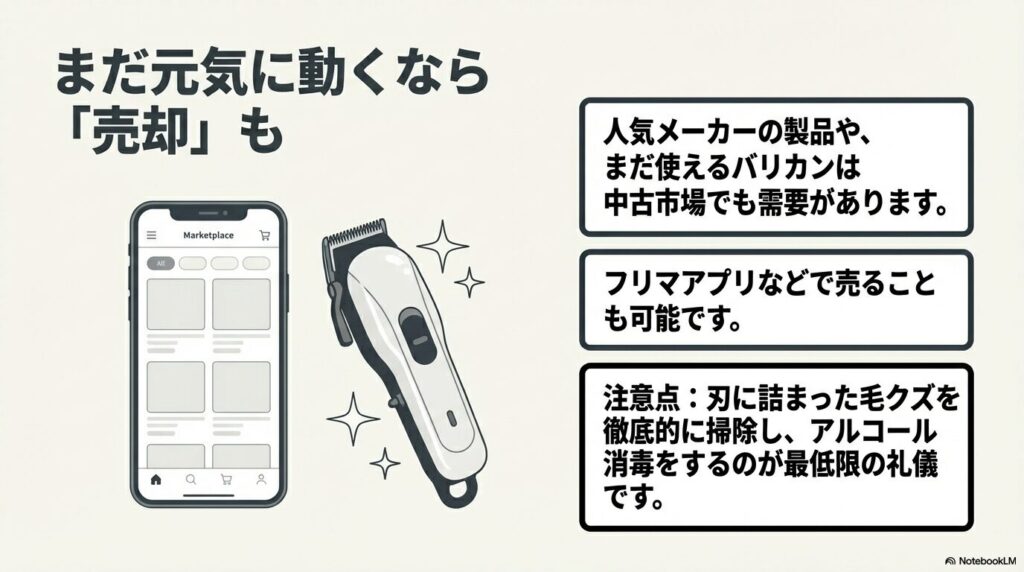 まだ動作するバリカンをフリマアプリ等で売却する際の提案と、清掃・消毒に関する注意点。