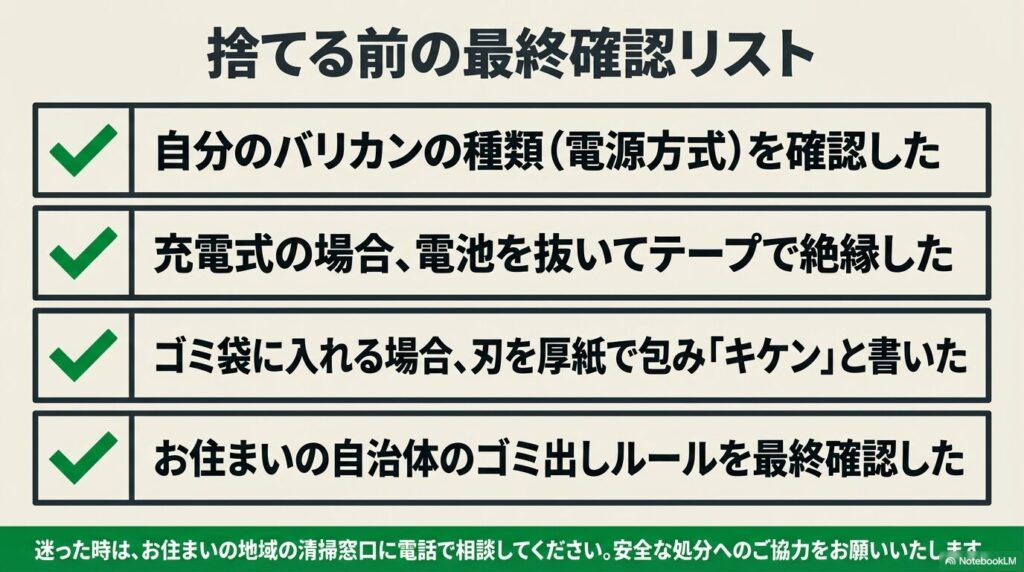 電源方式の確認、電池の絶縁、刃の梱包、自治体ルールの確認をまとめた最終チェックリスト。