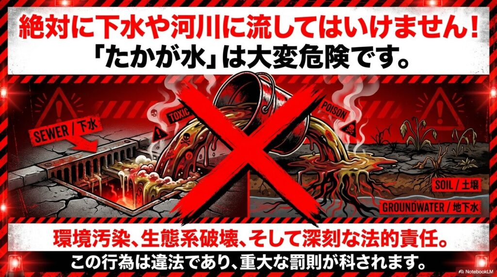 クーラント液を下水や河川に流すことの危険性と、不法投棄による法的責任に関する警告。