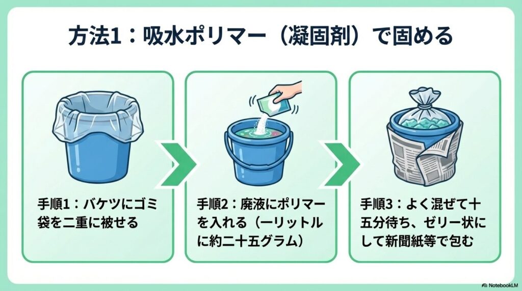 吸水ポリマーを使用してクーラント液をゼリー状に固めて捨てるための3つの具体的な手順。
