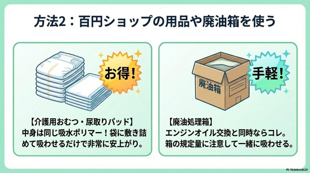 100円ショップのおむつや市販の廃油処理箱を利用した、安価で手軽な処分方法の紹介。
