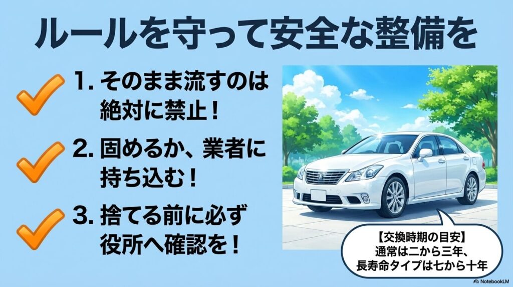 クーラント液処分の3つの重要ルールと、一般的な冷却水の交換時期の目安に関するまとめ。
