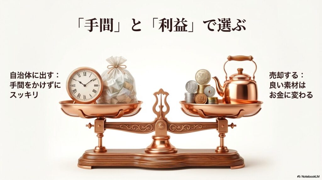 手間を優先して自治体に捨てるか、利益を優先して売却するかを天秤のイラストで比較するスライド。