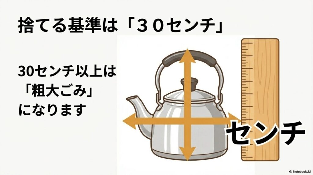 やかんの処分基準として、大きさが30cmを超えるものは粗大ごみになることを説明するスライド。