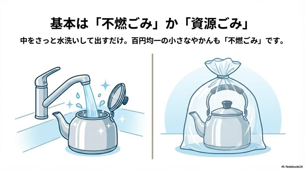やかんの処分は不燃ごみか資源ごみが基本で、水洗いして袋に入れる手順を示すスライド。
