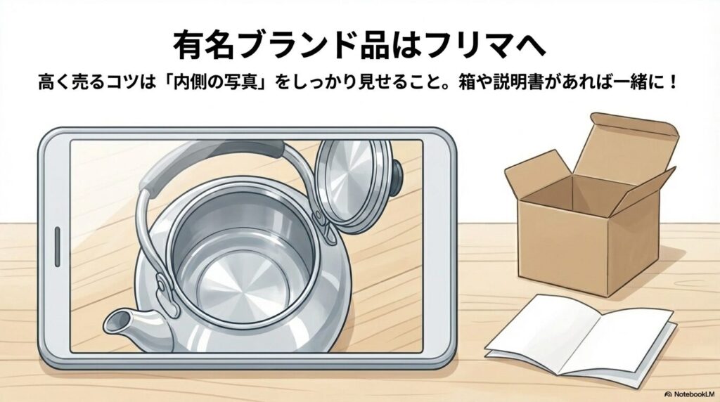 ブランド品のやかんをフリマアプリで高く売るコツとして、内側の写真や付属品の重要性を説くスライド。