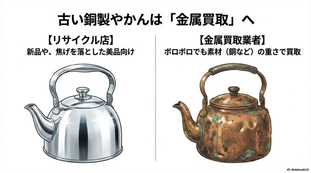 状態が良いものはリサイクル店、古い銅製などは金属買取業者へ出すという、売却先の使い分けの解説。