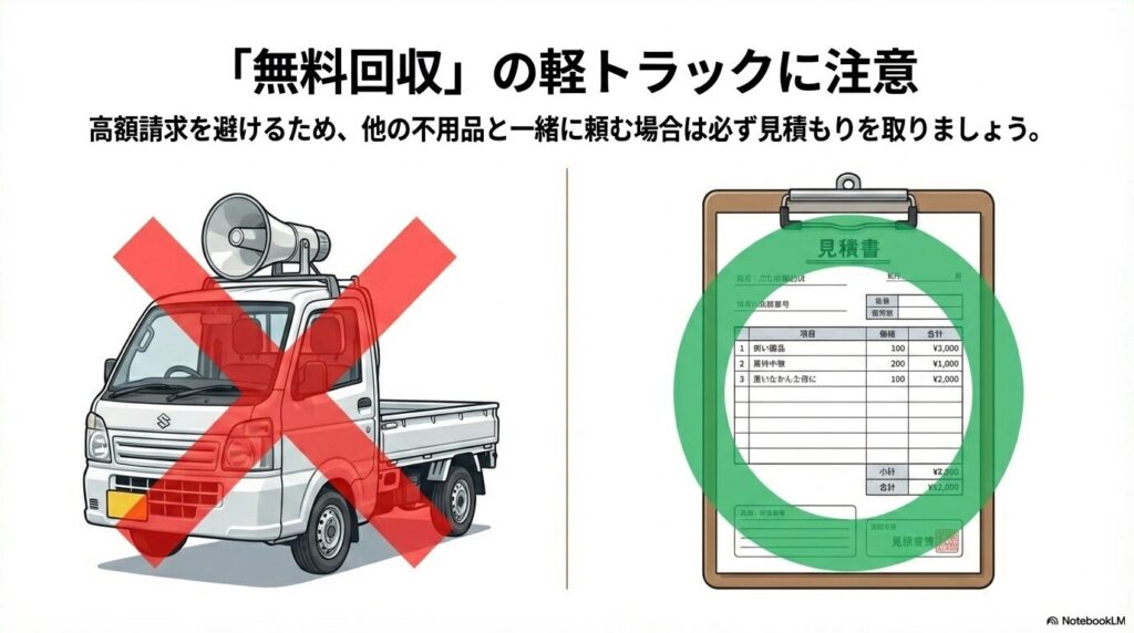 無料回収を謳う軽トラックの注意点と、依頼する際は必ず見積もりを取るべきことを啓発するスライド。