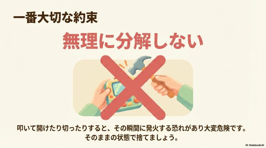 おもちゃを無理に分解することの危険性と、そのまま捨てる重要性を説明するスライドです。
