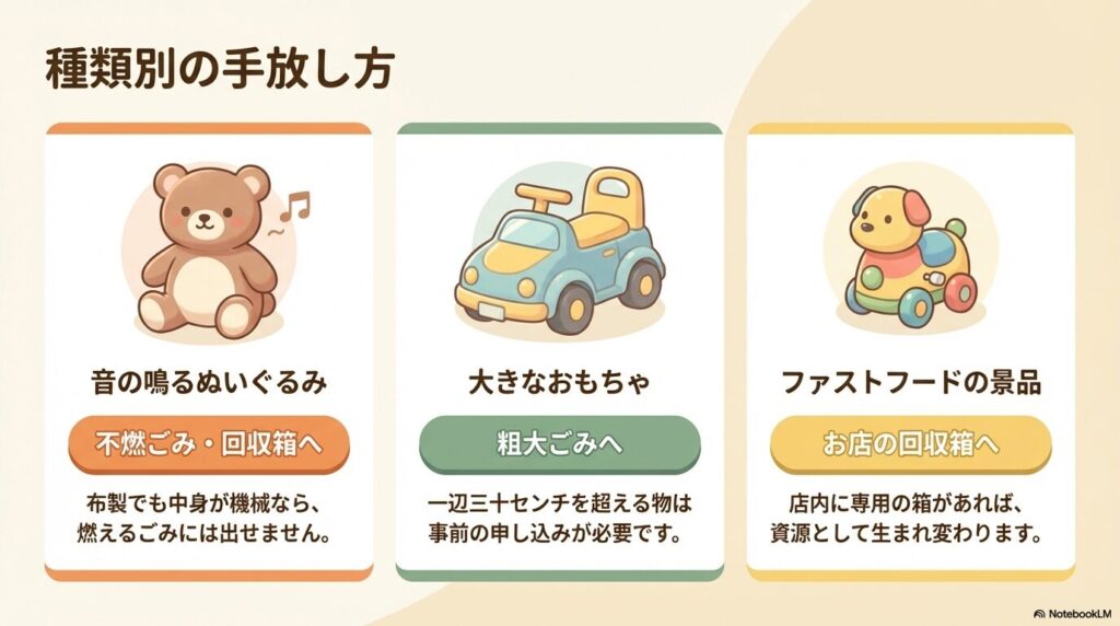 ぬいぐるみ、大型玩具、ファストフードの景品など、種類に応じた捨て方を説明するスライドです。