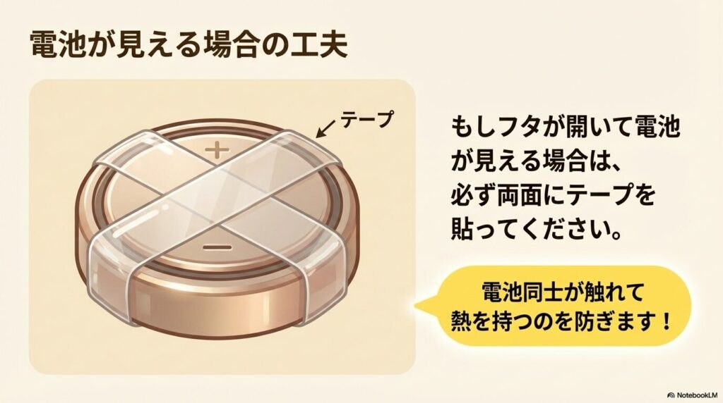 ボタン電池が露出している場合に、絶縁テープを貼って発熱を防ぐ方法を説明するスライドです。