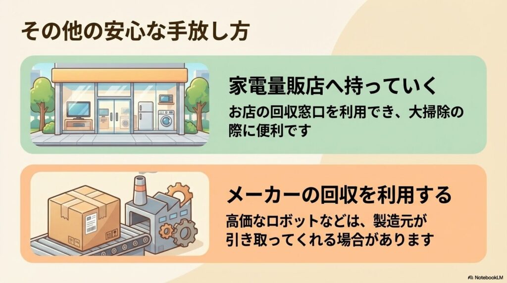 家電量販店での回収やメーカーによる回収サービスなど、その他の処分方法を紹介するスライドです。