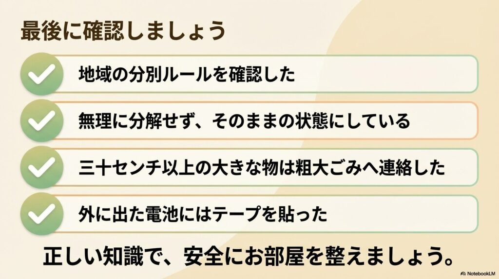自治体ごとのルールを確認することの重要性を強調し、安全な片付けを促す結びのスライドです。
