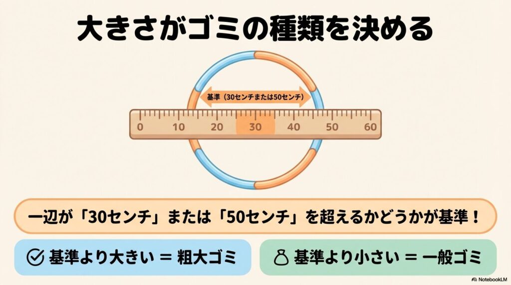 フラフープの大きさによって粗大ゴミか一般ゴミかが決まる判断基準を説明するスライドです。