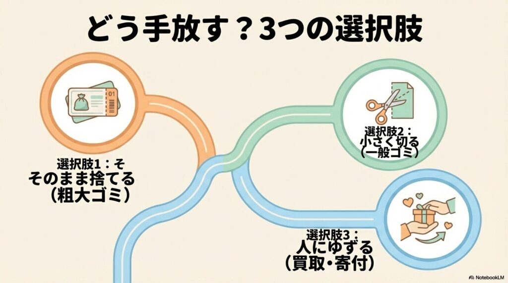 フラフープを手放すための3つの選択肢（そのまま捨てる、小さく切る、人にゆずる）を紹介するスライドです。
