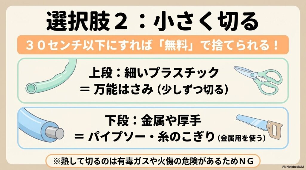 フラフープを小さく切って一般ゴミとして無料で捨てる方法と、材質ごとの適切な道具を説明するスライドです。