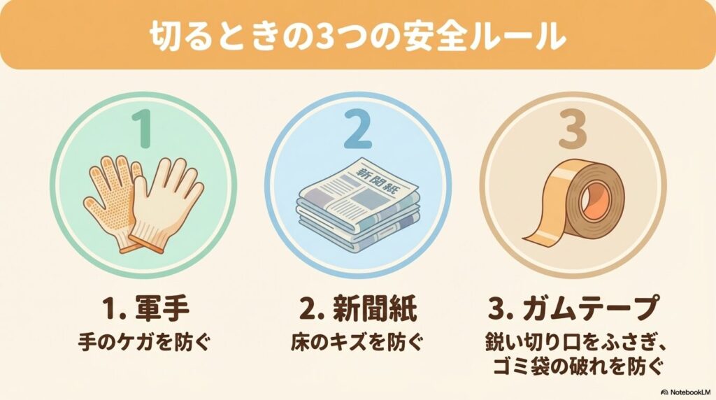 フラフープを切断して処分する際に準備すべき、軍手、新聞紙、ガムテープの3つの安全ルールを説明するスライドです。