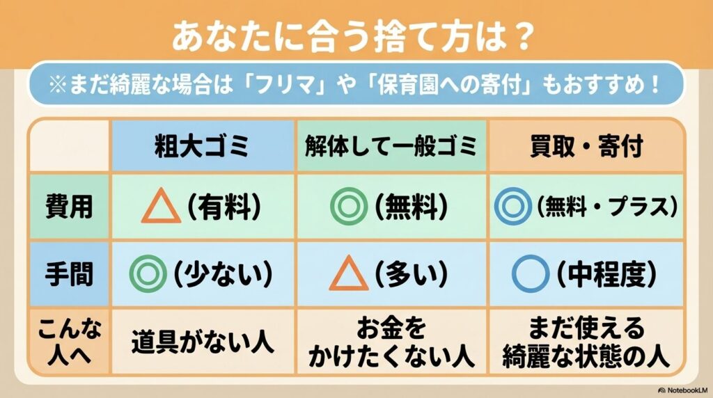 3つの処分方法を費用、手間、おすすめの人の観点から比較した表のスライドです。