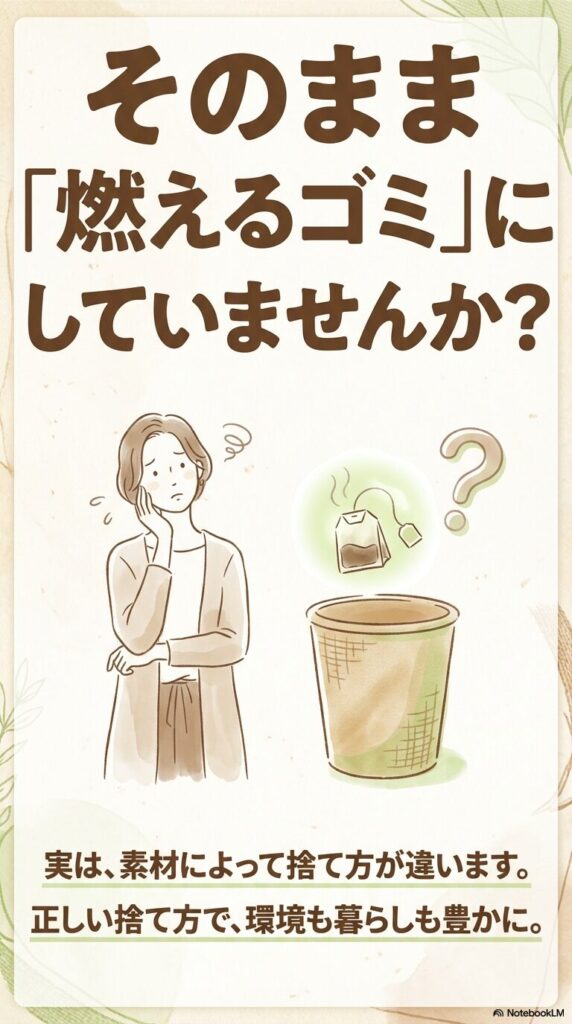 お茶パックを無意識に燃えるゴミに出していないか問いかけ、素材による捨て方の違いを説明するスライドです。