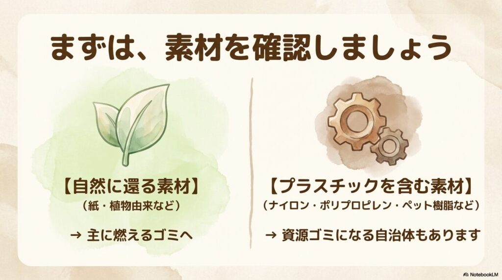 お茶パックの素材を自然由来とプラスチック含有に分け、それぞれの適切な処分方法を説明しています。