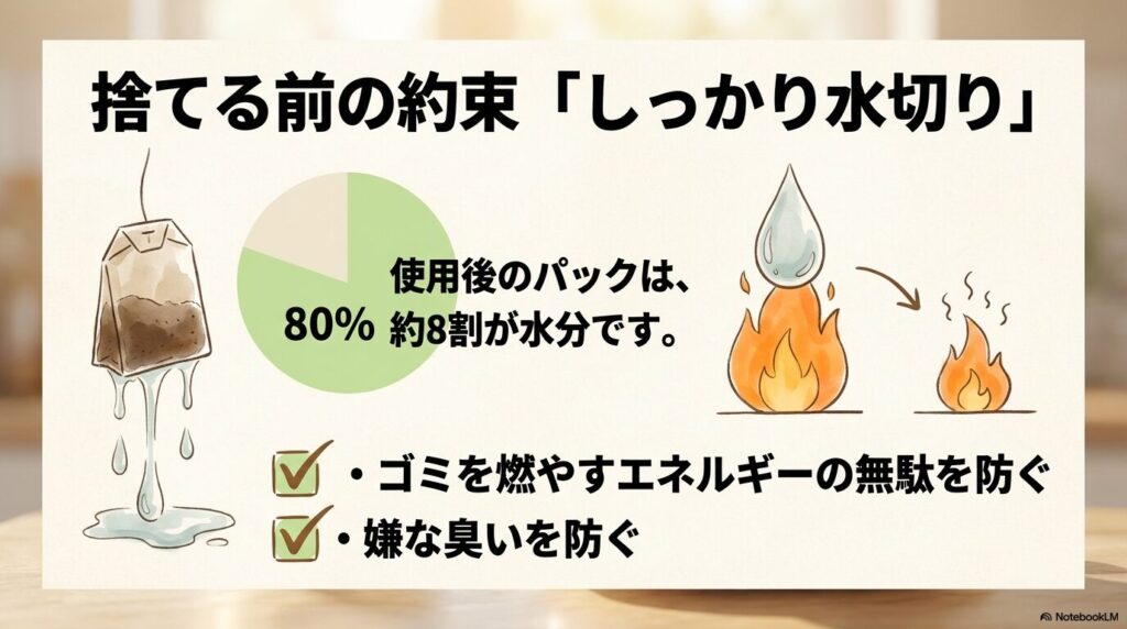 使用後のお茶パックの約8割が水分であるとし、ゴミを出す前の水切りの重要性を解説するスライドです。