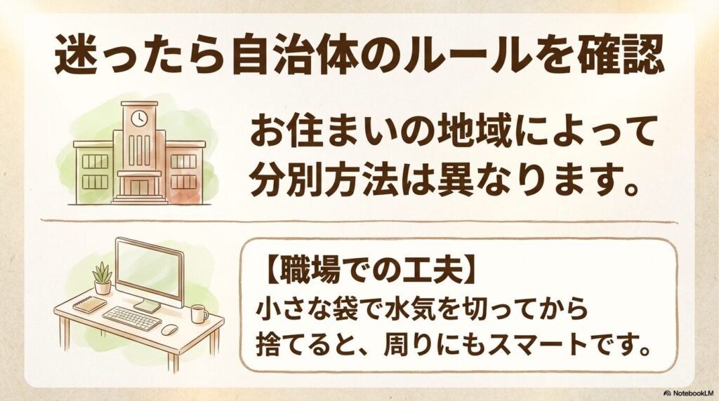 地域ごとの分別のルールの確認と、職場などでスマートに捨てるための工夫を紹介しているスライドです。