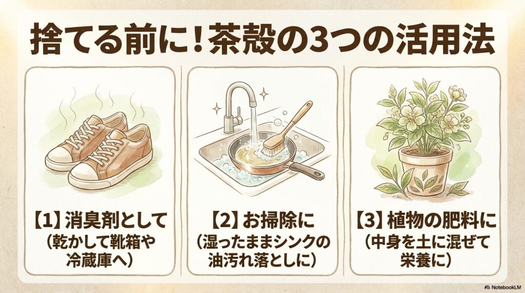 茶殻の再利用方法として、消臭剤、掃除用、植物の肥料という3つの具体的な活用法を提案しています。